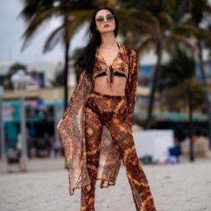 Camouflage Women's Mesh Beach Cover Up- Robe, Top And Pants 3 Piece Set